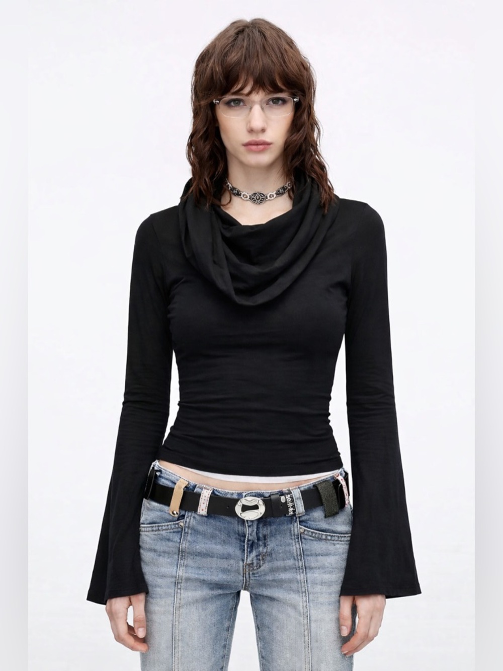 Miss Sixty Black Cowl Neck Bell Sleeve Fitted Top Y2K Size Small